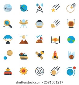 Set of space and astronomy icons. Contains satellite, universe, astronaut, rocket, comet, telescope and planet icons. Vector illustration