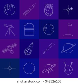 Set of space and astronomy linear icons. Planets, stars, rocket, ufo, alien, satellite, asteroid, moon, flag, telescope.