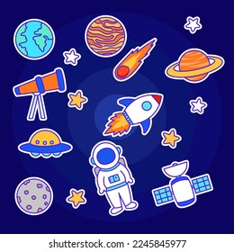 Set of space and astronomy vector illustrations with a colorful hand-drawn style on dark blue background