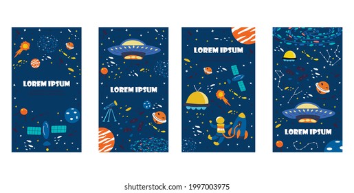 Set of space backgrounds for social media stories. Blue banners with elements of the universe. Planets and constellation, flying saucer, telescope and ufo. Colorful vector illustration hand drawn