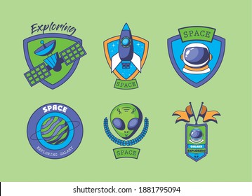 set of space badges on a green background vector illustration design
