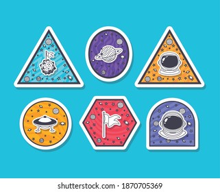 set of space badges on light blue background vector illustration design