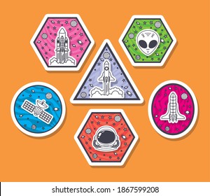 conjunto de insignias de espacio en un diseño de ilustración vectorial de fondo anaranjado
