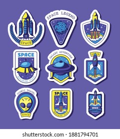 set of space badges on a purple background vector illustration design
