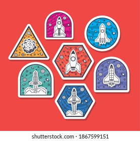 set of space badges on a red background vector illustration design