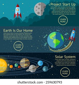 Set of Space banners concepts - Rocket start up, Earth from Space, Solar system. Vector