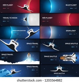 Set of Space banners. Space Shuttle. Mars, Earth, Exoplanet. Astronomical galaxy space background. Vector Illustration