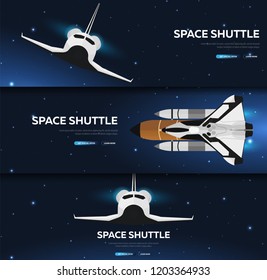 Set of Space banners. Space Shuttle. Mars, Earth, Exoplanet. Astronomical galaxy space background. Vector Illustration