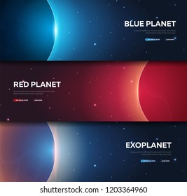 Set of Space banners. Space Shuttle. Mars, Earth, Exoplanet. Astronomical galaxy space background. Vector Illustration