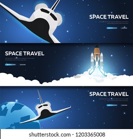 Set of Space banners. Space Shuttle. Mars, Earth, Exoplanet. Astronomical galaxy space background. Vector Illustration