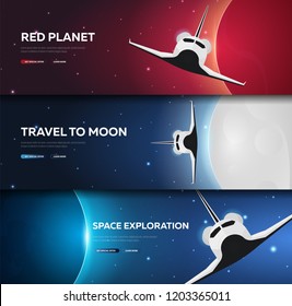 Set of Space banners. Space Shuttle. Mars, Earth, Exoplanet. Astronomical galaxy space background. Vector Illustration