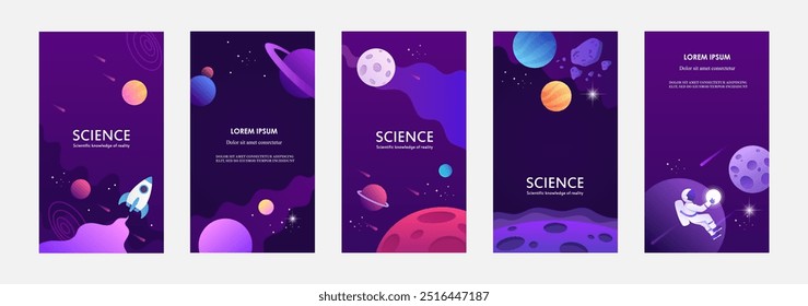 Set of space banners. Templates for stories. Vector illustration. planets, stars, rocket. Blue space.