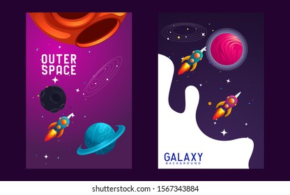 set of space banners. vector illustration. cover design. sky, planets and stars
Rocket space trip concept. Galaxy game design. Vector illustration
