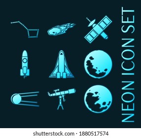 Set of Space blue glowing neon icons