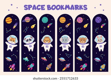 Conjunto de marcadores de espacio para niños. Marcadores con Elementos espaciales: planetas, cometas, cohetes, naves espaciales y animales astronautas: oso, panda, león, zorro, conejo, elefante. Papelería para niños.