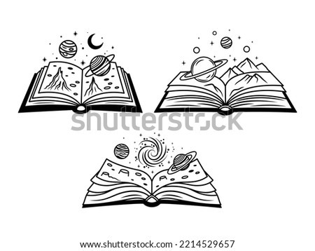 Set of space books. Collection of books with universe and open development pages. Symbol of education and knowledge. Library. Vector illustration isolated on white background.