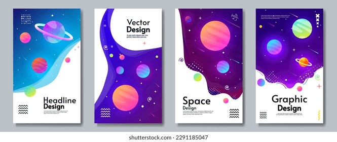 Set of space brochures. Template for invitation. Design for greeting brochures, invitation, flyer, poster, background. Background with cosmos scenes. Vector illustration.