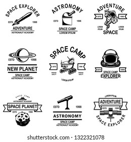 Set of space camp emblems. Design element for logo, label, sign, poster. Vector illustration
