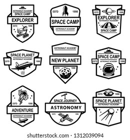 Set of space camp label templates. Design element for logo, label, sign, poster, t shirt. Vector illustration