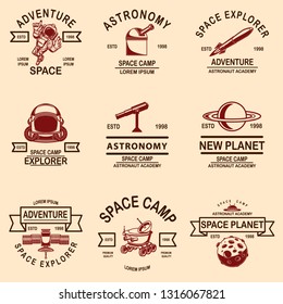 Set of space camp label templates. Design element for logo, label, sign, poster, t shirt. Vector illustration