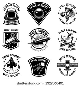 Set of space camp label templates. Design element for logo, label, sign, poster, t shirt. Vector illustration