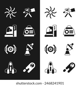 Set Space capsule, Astronaut helmet, Black hole, Telescope, Cosmic ship, Satellite dish, Comet falling down fast and Rocket icon. Vector