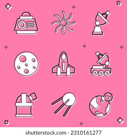 Set Space capsule, Black hole, Satellite dish, Planet Mars, Rocket ship, rover, Astronomical observatory and  icon. Vector