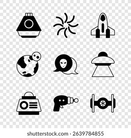 Set Space capsule, Black hole, Rocket ship, Ray gun, Cosmic, Earth globe and Alien icon. Vector