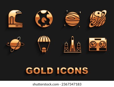 Set Space capsule and parachute, Planet Saturn, Celestial map of the night sky, Rocket launch from spaceport, Satellites orbiting planet Earth, Venus, Astronaut helmet and globe icon. Vector