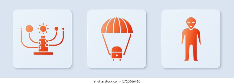Set Space capsule and parachute, Solar system and Alien. White square button. Vector