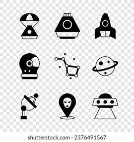 Set Space Kapsel, Raketenschiff, Satellitenschüssel, Alien, UFO fliegendes Raumschiff, Astronautenhelm und Great Bären Konstellation Symbol. Vektorgrafik