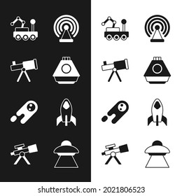 Set Space capsule, Telescope, Mars rover, Radar, Comet falling down fast, Rocket ship, UFO flying spaceship and  icon. Vector