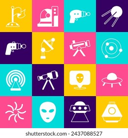 Set Space capsule, UFO flying spaceship, Solar system, Ray gun, Satellite dish, Moon with flag and Telescope icon. Vector