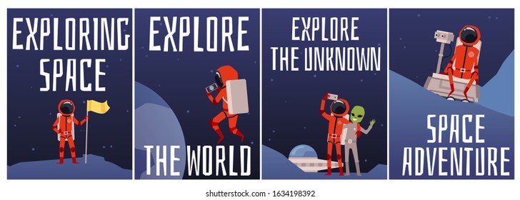 Set of space cards with inspirational lettering quotes and astronaut or spaceman exploring universe and planets, flat cartoon vector illustration on starry sky background.