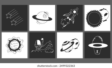 Set of space cards on white and black background. Cosmic collection in doodle hand draw contemporary style. Vector illustration. 