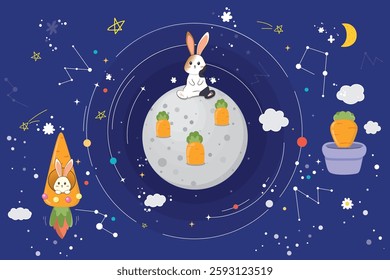 Set of space carrot patch Bunny . Hand drawn elements in cartoon style. Cute Rabbit in Carrot Rocket Cartoon.
