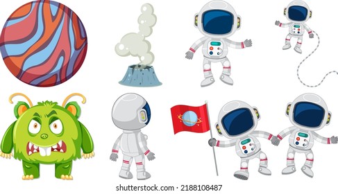 Set of space cartoon characters and objects illustration