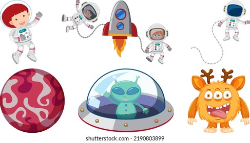 Set of space cartoon characters and objects illustration