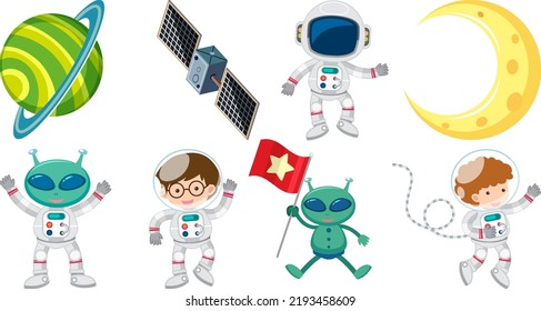 Set of space cartoon characters and objects illustration