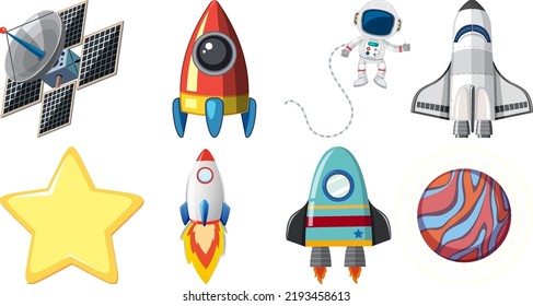 Set of space cartoon characters and objects illustration