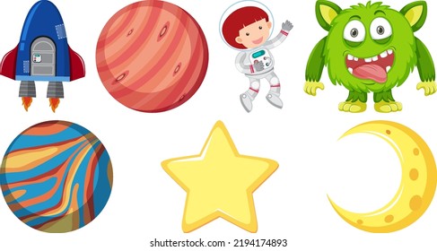 Set of space cartoon characters and objects illustration