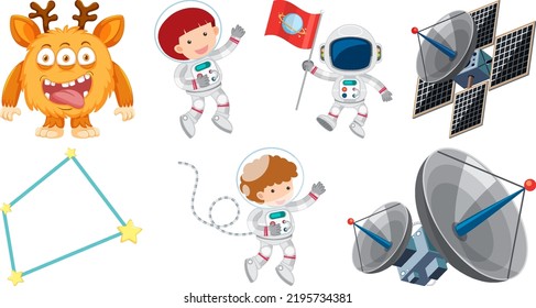 Set of space cartoon characters and objects illustration