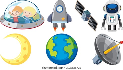 Set of space cartoon characters and objects illustration