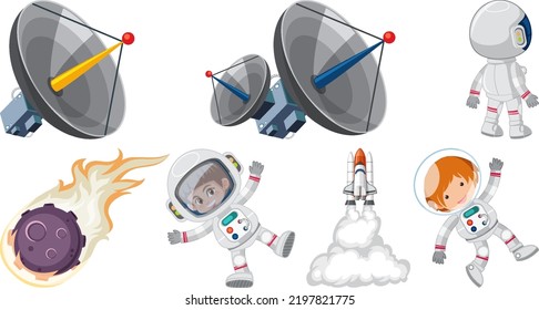 Set of space cartoon characters and objects illustration