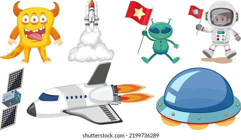 Set of space cartoon characters and objects illustration
