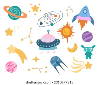 A set of space cartoon illustrations, planets and constellations.