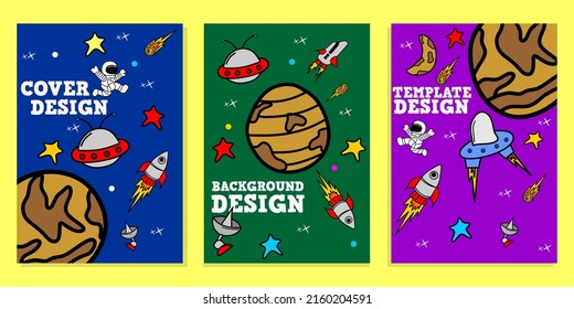 set of space cartoon theme cover templates with rocket, astronaut, planet and star elements. design for children's book cover