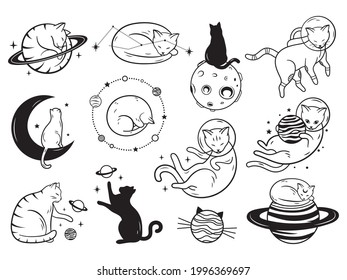 Set of space cat. Collection of cat with planets and star. Kitten travel into space. Vector illustration of cosmic pets in galactic.