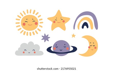 A set of space celestial characters for a children s poster, a smiling sun, a sleeping moon, a planet with a face, a rainbow. Set of kids stickers, vector flat illustration isolated on white
