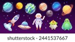 Set of space characters, planets and spaceships. Vector illustration in cartoon style for children and games